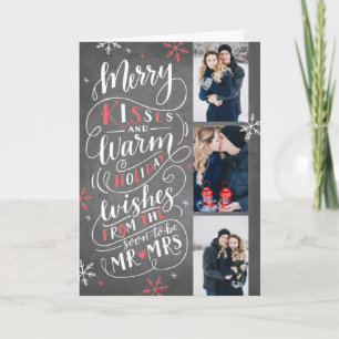 Merry Kisses Warm Wishes Save Date 3 Photo Folded Holiday Card