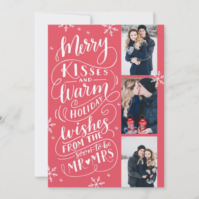 Merry Kisses Warm Wishes Save The Date 3 Photo Red (Front)