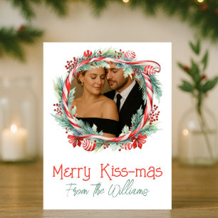 Merry Kissmas Candy Cane Wreath Photo Christmas Holiday Card