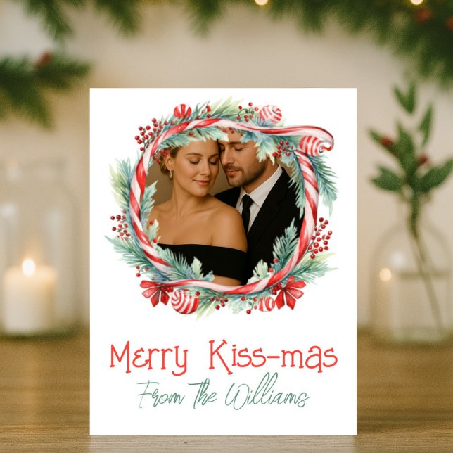 Merry Kissmas Candy Cane Wreath Photo Christmas  Holiday Card (Creator Uploaded)