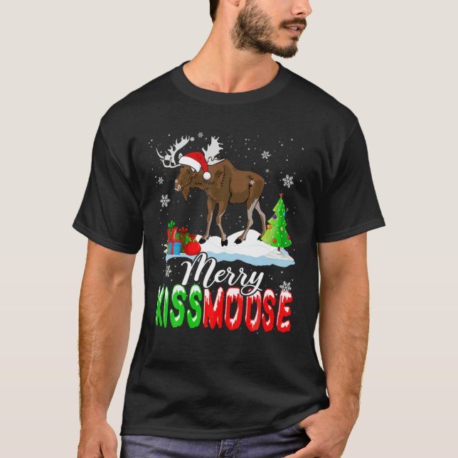 Merry Kissmoose Merry Xmas Kiss Moose Santa Moose T-Shirt (Front)
