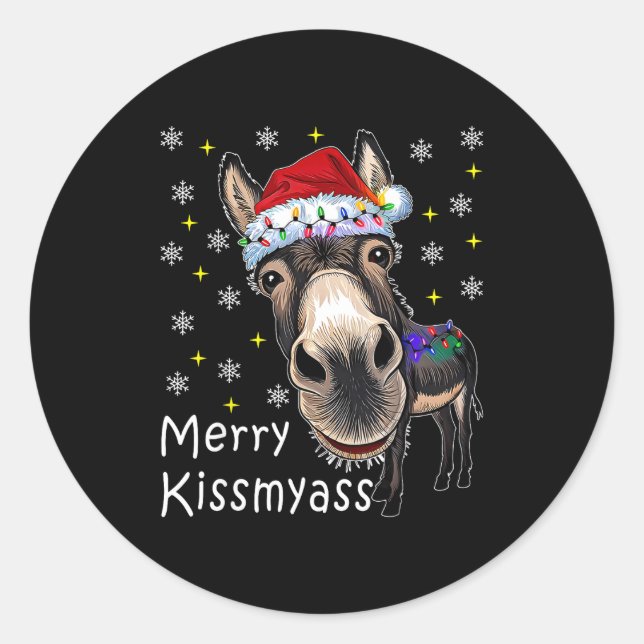 Merry Kissmy Wearing Santa Hat Lights Men Women  Classic Round Sticker (Front)