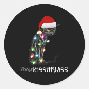 Merry Kissmyass Fun Cat Christmas Lights Classic Round Sticker
