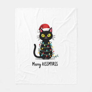 Merry Kissmyass Funny Cat Christmas Lights Premium Fleece Blanket
