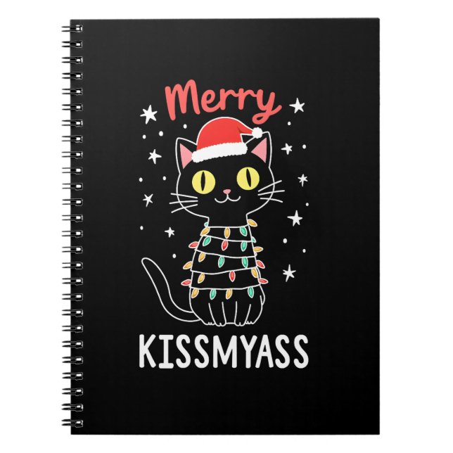 Merry Kissmyass Funny Cat Christmas Lights Premium Notebook (Front)