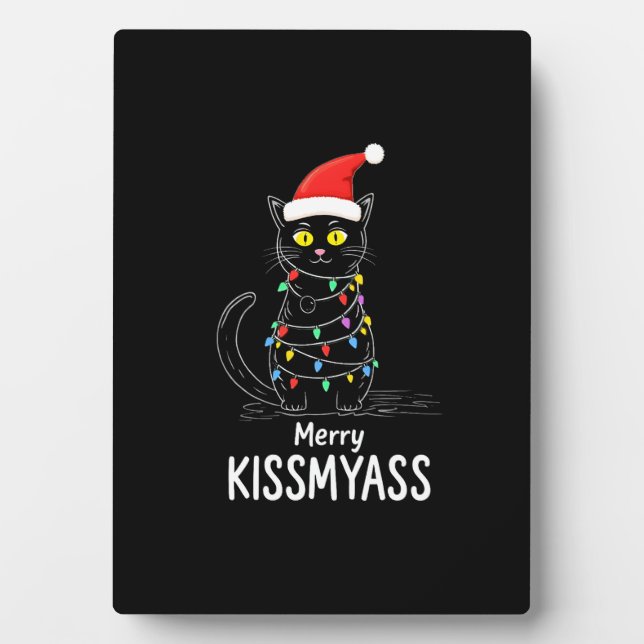 Merry Kissmyass Funny Cat Christmas Lights Premium Plaque (Front)