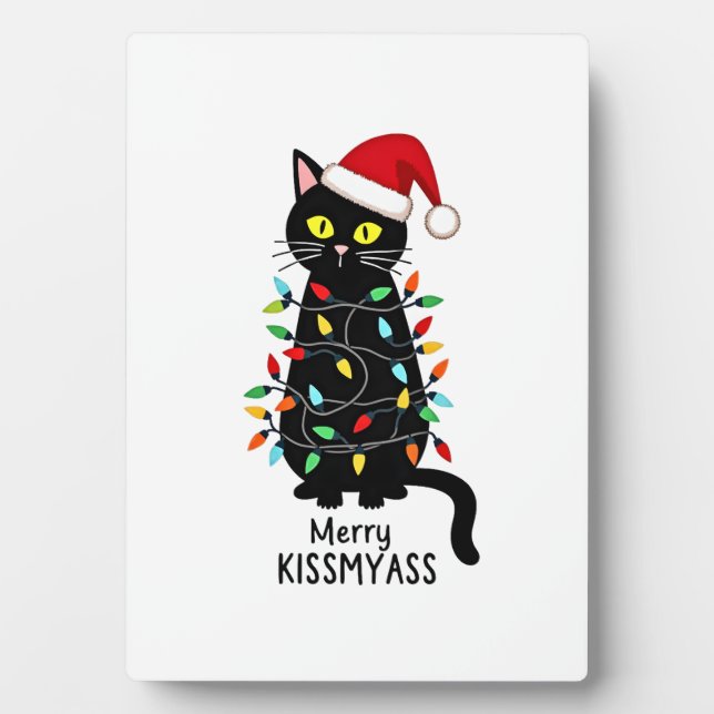 Merry Kissmyass Funny Cat Christmas Lights Premium Plaque (Front)