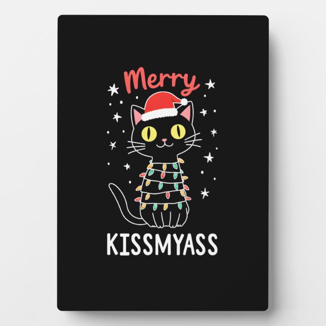 Merry Kissmyass Funny Cat Christmas Lights Premium Plaque (Front)