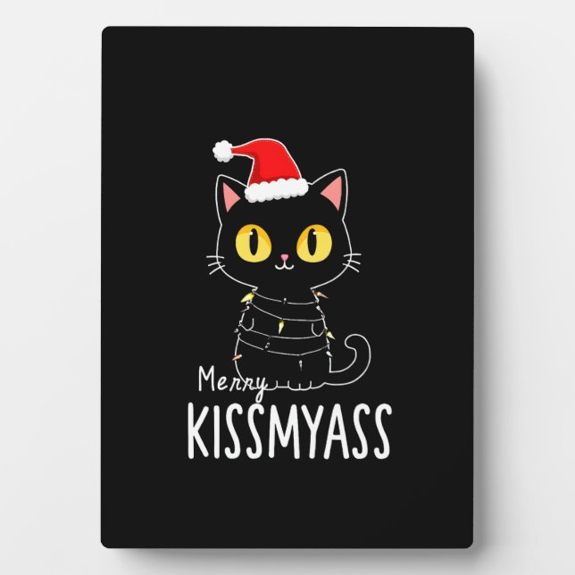 Merry Kissmyass Funny Cat Christmas Lights Premium Plaque (Front)