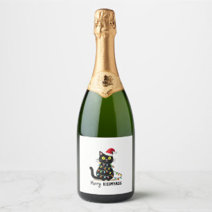 Merry Kissmyass Funny Cat Christmas Lights Premium Sparkling Wine Label