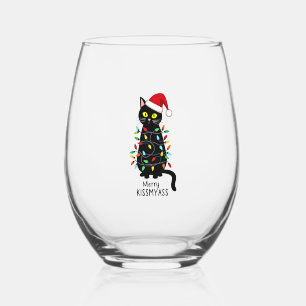 Merry Kissmyass Funny Cat Christmas Lights Premium Stemless Wine Glass