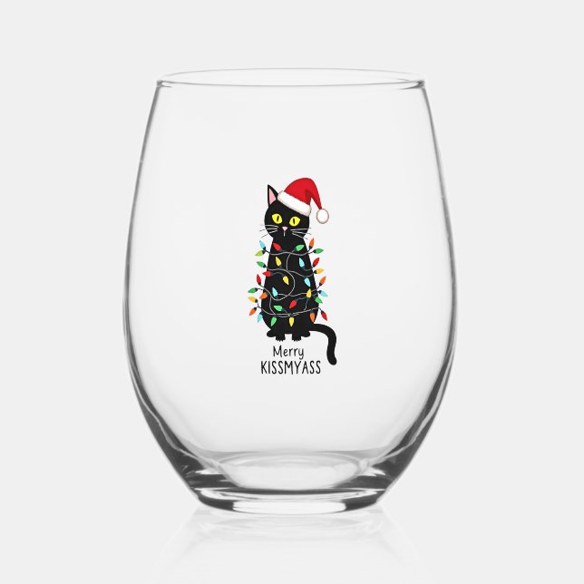 Merry Kissmyass Funny Cat Christmas Lights Premium Stemless Wine Glass (Front)