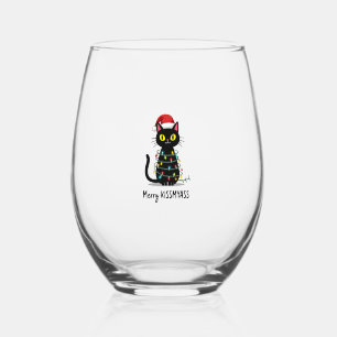 Merry Kissmyass Funny Cat Christmas Lights Premium Stemless Wine Glass