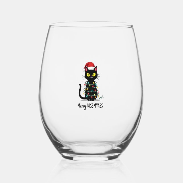 Merry Kissmyass Funny Cat Christmas Lights Premium Stemless Wine Glass (Front)