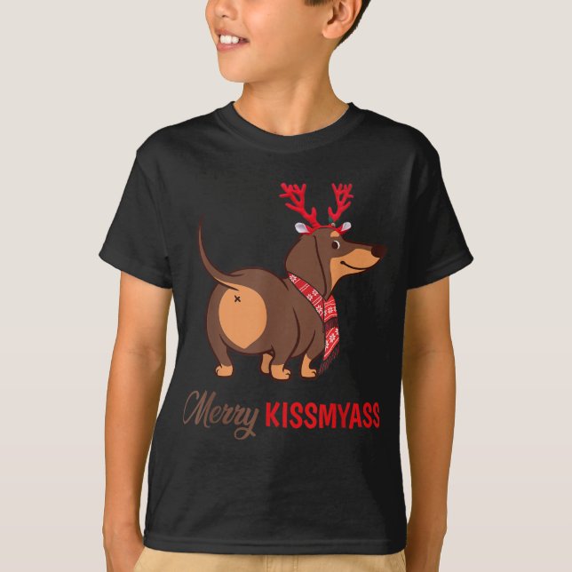 Merry Kissmyass Funny Christmas Reindeer Dachshund T-Shirt (Front)