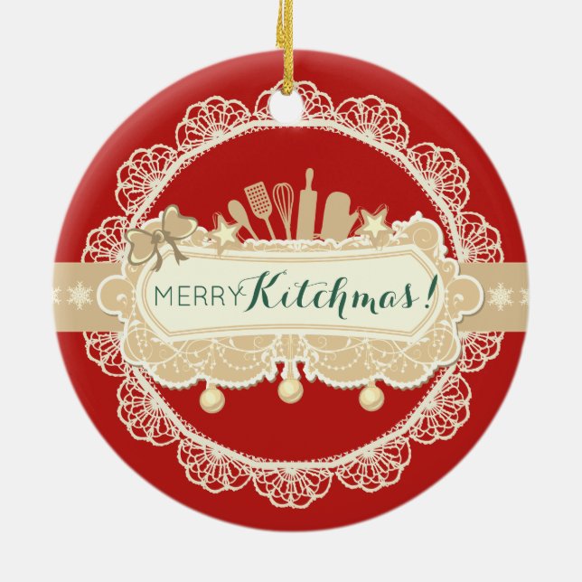 Merry kitchmas utensils culinary Christmas Ceramic Tree Decoration (Back)