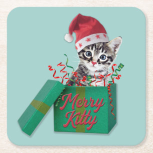 Merry Kitty, Merry Christmas Square Paper Coaster