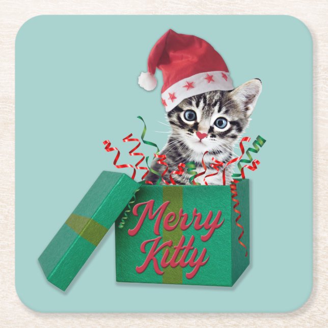 Merry Kitty, Merry Christmas Square Paper Coaster (Front)