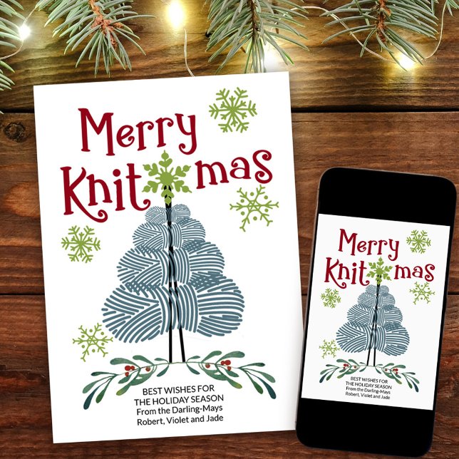 Merry Knitmas Yarn Christmas Tree and Snowflakes Holiday Card (Fun yarn themed Christmas Card. Buy professionally printed or as a printable digital download.)