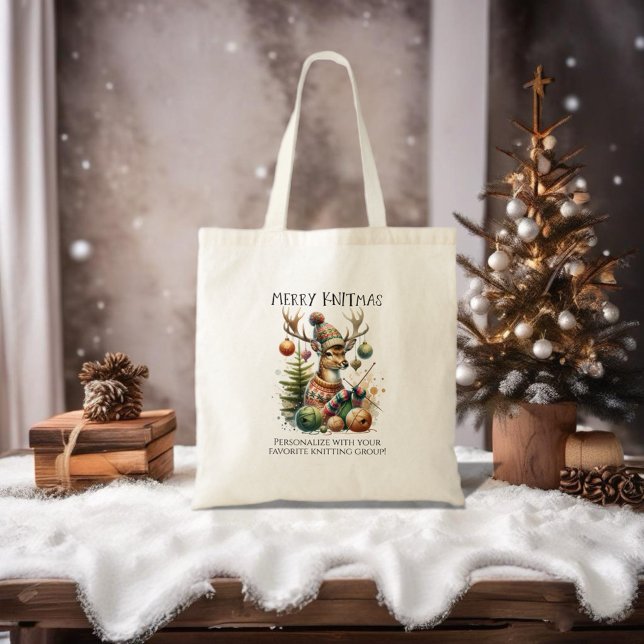 Merry Knittmas Knitting Christmas Tote Bag (For yarn lovers and craft enthusiasts.)