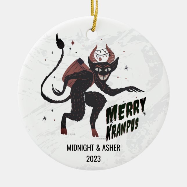 Merry Krampus Typography Christmas  Ceramic Tree Decoration (Front)