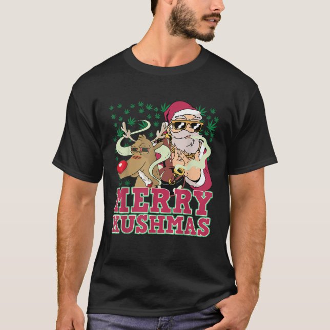 Merry Kushmas Santa Rudolph Smoking Pot T-Shirt (Front)