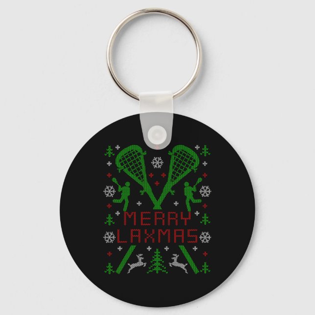 Merry Laxmas Funny Lacrosse Ugly Christmas Sweater Key Ring (Front)