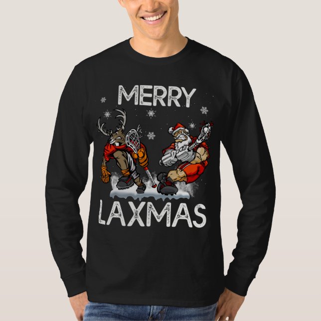 Merry LAXMAS Ugly Christmas Lacrosse Santa Reindee T-Shirt (Front)
