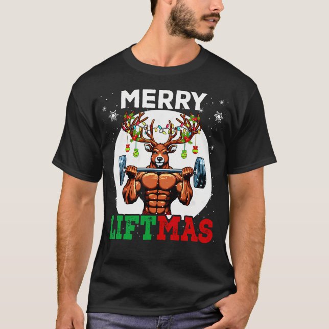 Merry Liftma'S Christmas Reindeer Weightlifting Gy T-Shirt (Front)