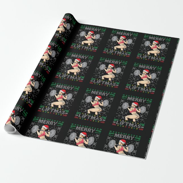 Merry Liftmas Ugly Christmas Sweater Miss Santa Gy Wrapping Paper (Unrolled)