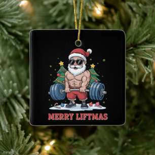 Merry Liftmas Weightlifting Santa Fitness Gym Ceramic Ornament