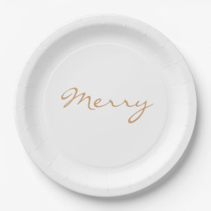 Merry Light Brown Taupe Minimal Holiday Typography Paper Plate