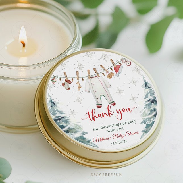 Merry Little Baby Shower  Classic Round Sticker (Merry Little Baby Shower, sticker favor tags, holiday baby shower, Christmas baby shower, winter bab)