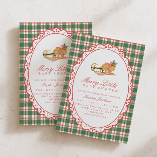Merry Little Baby Shower Green & Red Winter Sleigh Invitation