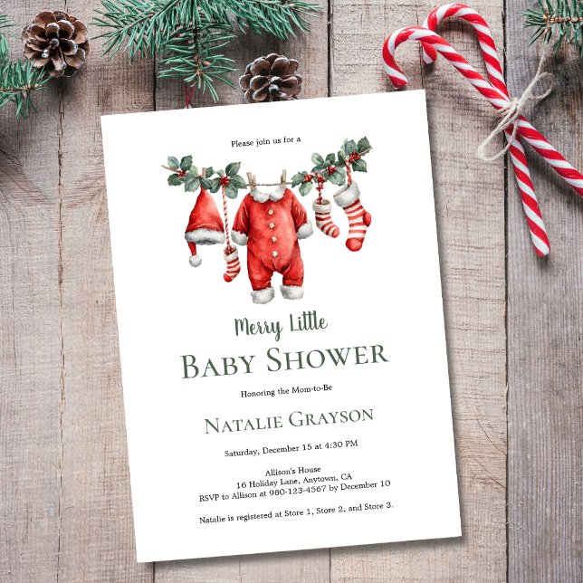 Merry Little Baby Shower Invitation (Merry Little Baby Shower Invite with Santa-Inspired Baby Clothesline, with Santa Suit, Hat, Socks.)