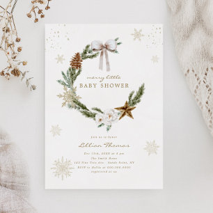 Merry Little Baby Shower Neutral Bow Wreath Invitation