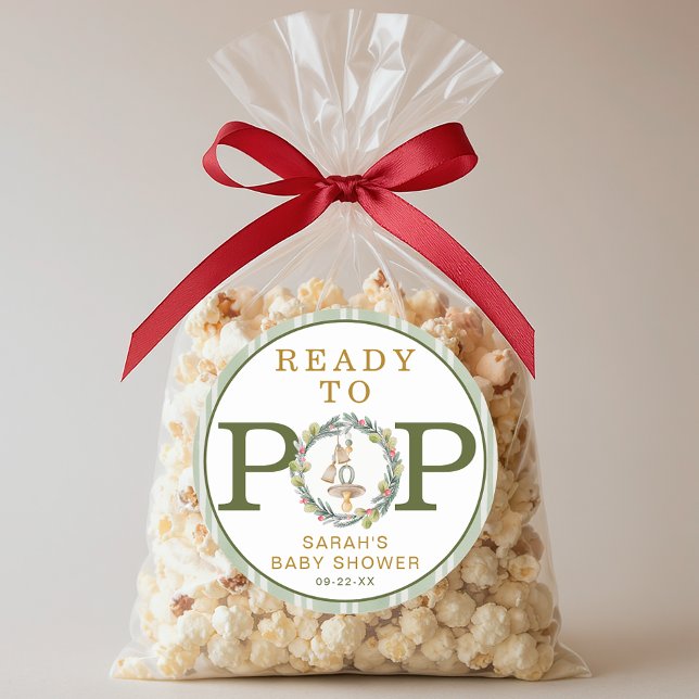 Merry Little Baby Shower “Ready to Pop” Favour Classic Round Sticker (Baby Shower Sticker)