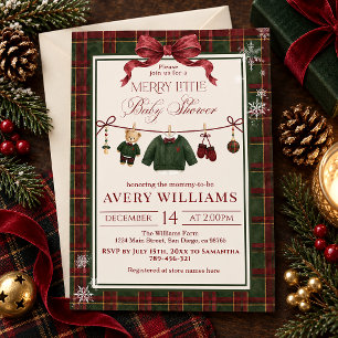 Merry Little Baby Shower, Red Green Plaid Bow Invitation