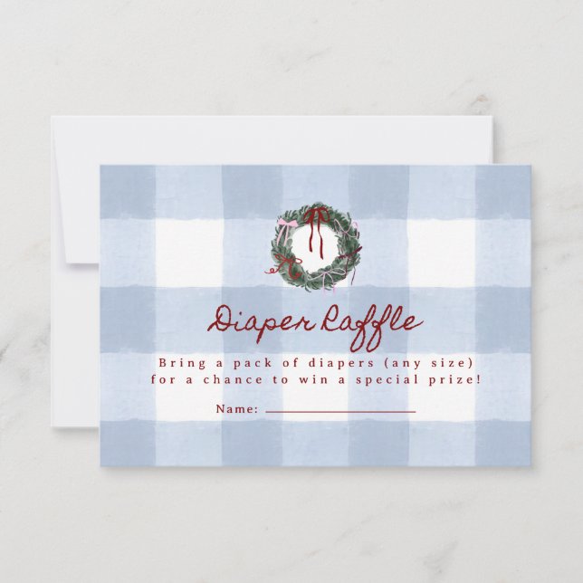 Merry Little Blue Gingham Wreath diaper raffle  Invitation (Front)