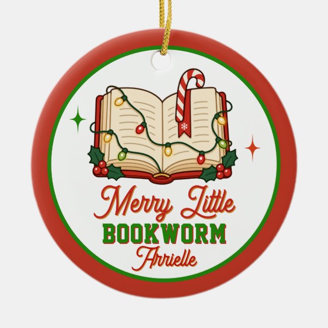 Merry Little Bookworm Reading Christmas Ceramic Tree Decoration (Front)