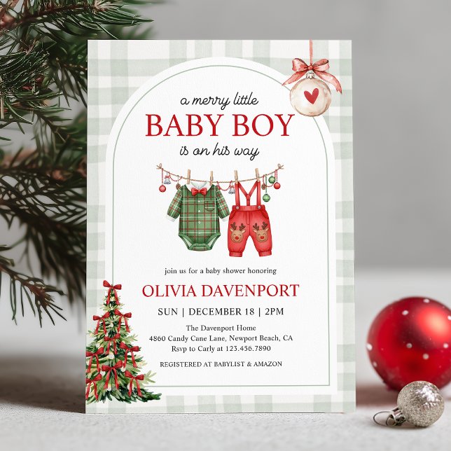 Merry Little Boy Gingham Christmas Baby Shower Invitation (Creator Uploaded)