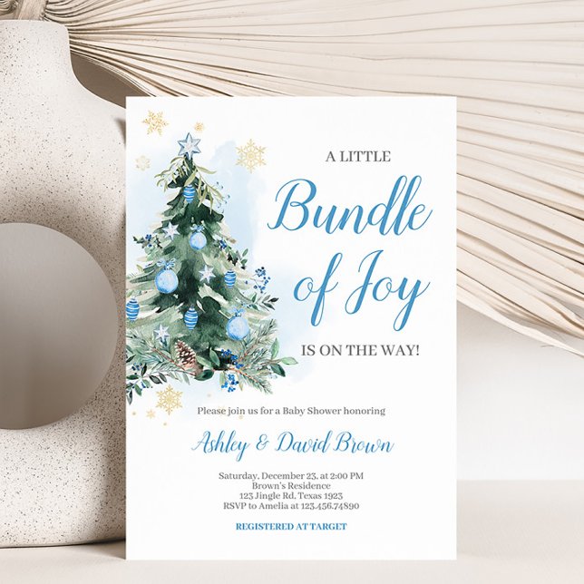 Merry Little Bundle of Joy Baby Shower  Invitation (Blue Christmas Tree Baby Shower Invitation)