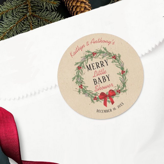 Merry Little Christmas Baby Shower Classic Round Sticker (Creator Uploaded)
