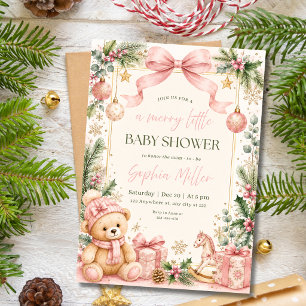 Merry Little Christmas Baby Shower Pink Teddy Bear Invitation