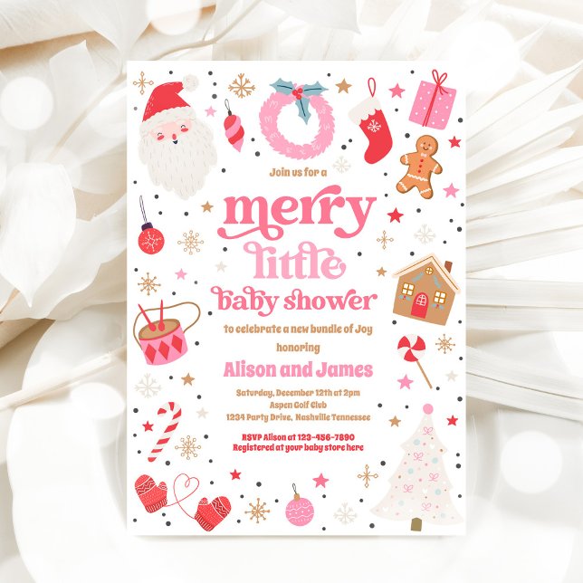 Merry Little Christmas Baby Shower Red And Pink  Invitation (Creator Uploaded)