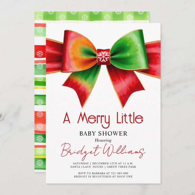 Merry Little Christmas Baby shower red, green bow Invitation (Front/Back)