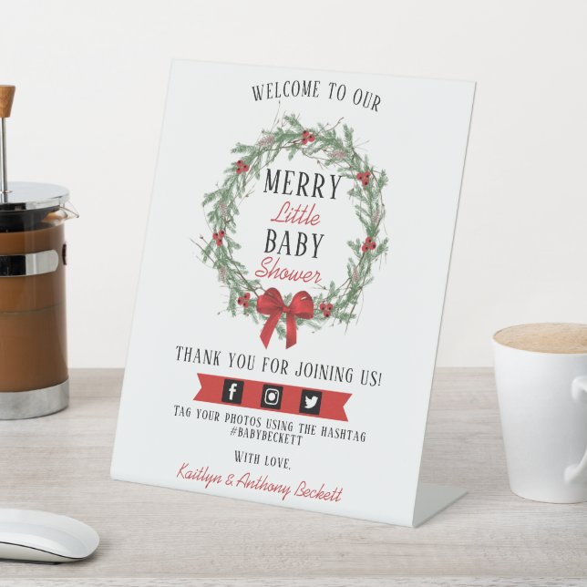 Merry Little Christmas Baby Shower Welcome Pedestal Sign (In SItu)