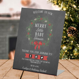 Merry Little Christmas Baby Shower Welcome Pedestal Sign