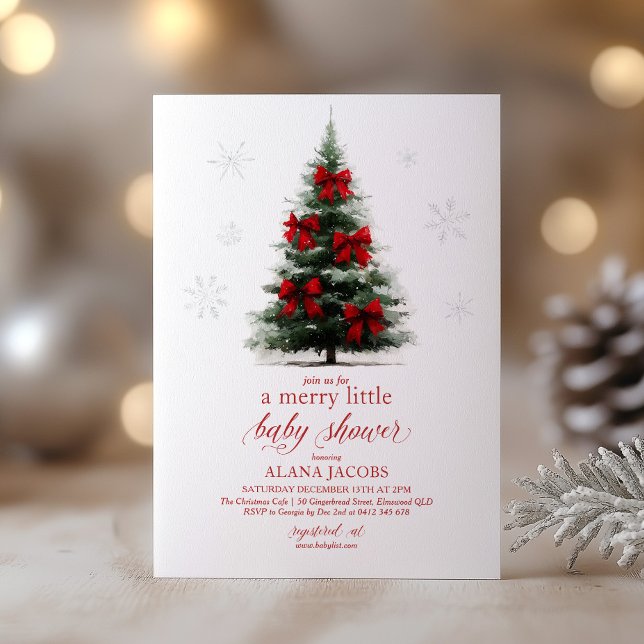 Merry Little Christmas Baby Shower Xmas Tree Invitation (Merry Little Baby Shower! Christmas themed Baby Shower invitation with tree and red bows)