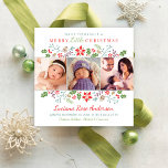 Merry Little Christmas Babys First Photo Collage Holiday Card<br><div class="desc">Stylish white square photo card features "Have yourself a Merry Little Christmas" wording in modern typestyles with custom text for the baby's name, birth date, and stats. A floral holiday border of holly, berries, leaves, pinecones, and branches frames your three (3) favourite newborn photos. Colour scheme: white with red, dusty...</div>